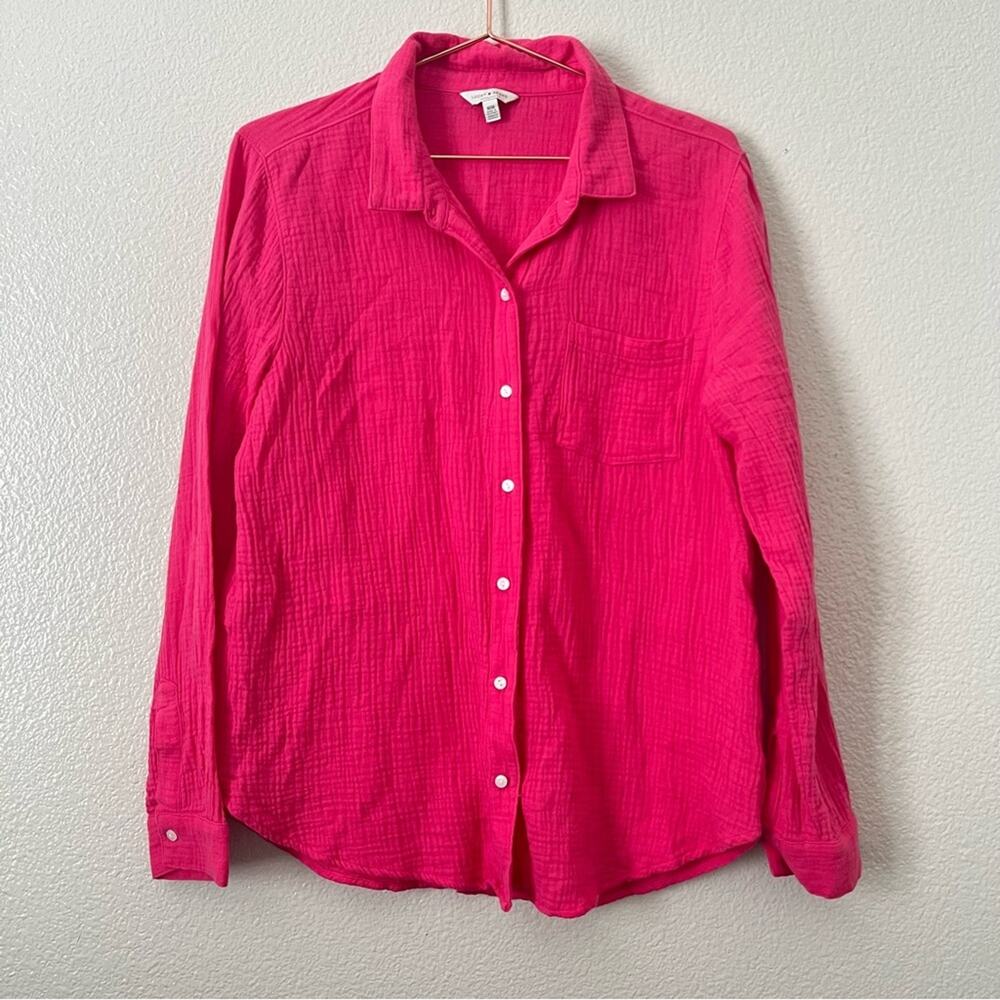 Lucky Brand Split Back Button Down Shirt Cotton Crinkle Gauze Knit Hot Pink